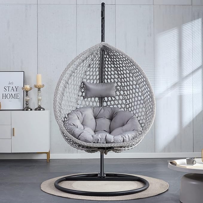 Hanging Egg Swing Chair with Stand Rattan Wicker Hanging Egg Chair Hammock Indoor with Cushions Swinging Chair for Bedroom Outdoor Patio Balcony Backyard Sunroom Heavy Duty 350LBS (Gray)