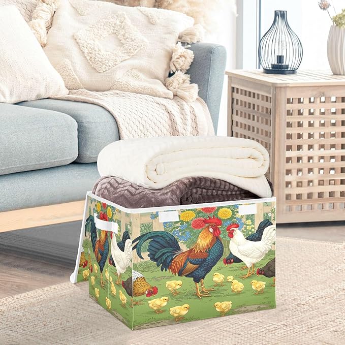 senya Baskets Collapsible Storage Bins with Lids Rooster Chick Flower Farm Storage Boxes Clothes Baskets for Organizing