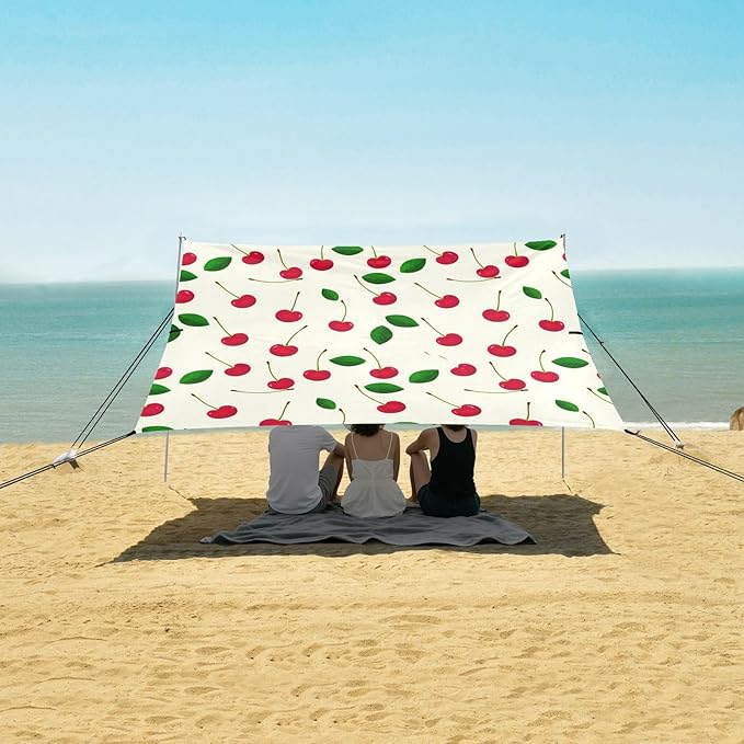 xigua Red Cherries Beach Tent Sun Shelter with Carrying Bag - Silver Coated Oxford Fabric Beach Canopy for Beach Camping Fishing - Includes Windproof Ropes Sandbags &amp Stakes