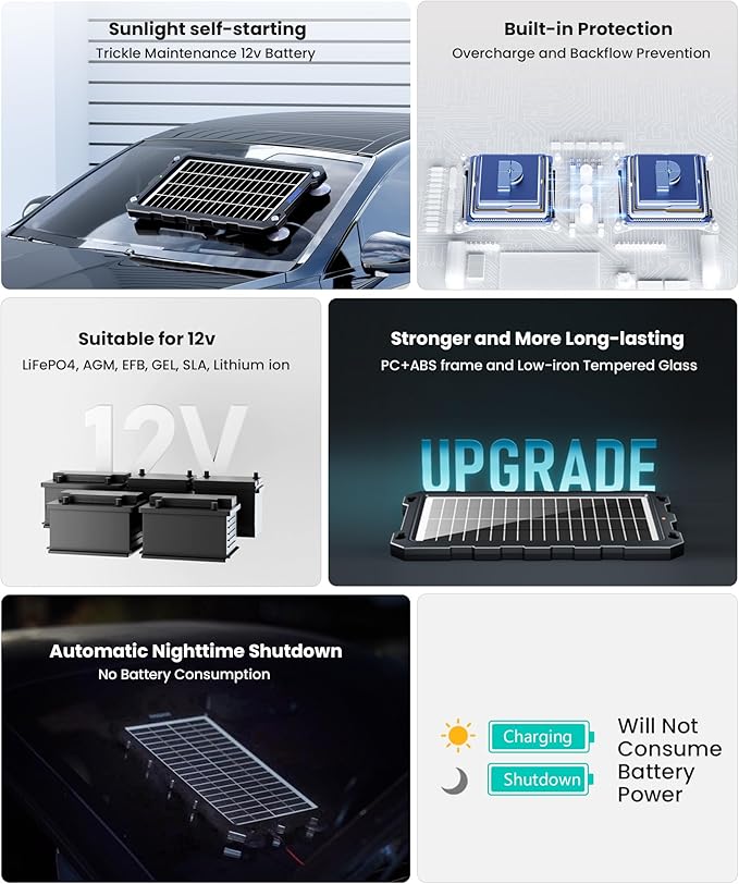 POWOXI-9W-Solar-Battery-Trickle-Charger-Maintainer -12V Portable Waterproof Solar Panel Trickle Charging Kit for Car Motorcycle Boat Marine RV Trailer Powersports Snowmobile etc.