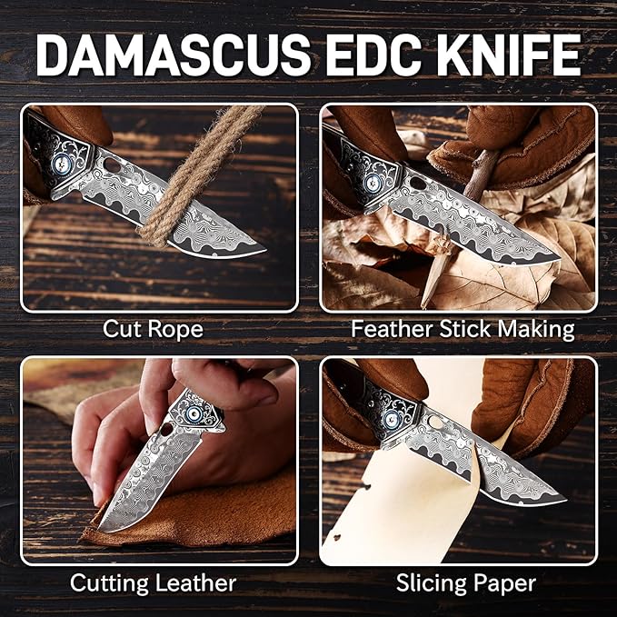 Damascus Pocket Knife with Wood Handle Sharp 3.23 Damascus Steel Blade Folding Knives EDC Knifes for Camping Hiking Collection
