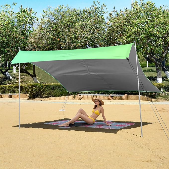 Green Gradient Color Stable Beach Tent UPF50+ Easy Setup Large Sun Shelter with Sand Shovel Sandbags for Family Trips Picnics &amp Camping