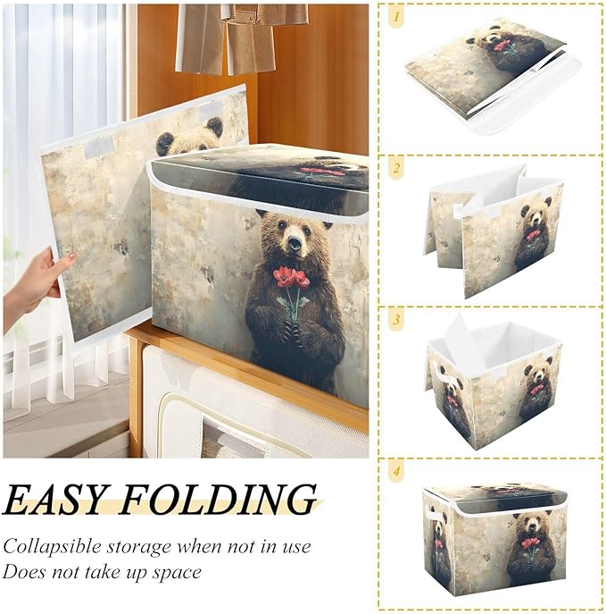 AIXIWAWA Lidded Storage Cube (Bear Valentine) Fabric Foldable Closet Bins with Flip Lid and Handles Organizer Basket Container 16.5 x 12.6 x 11.8 IN