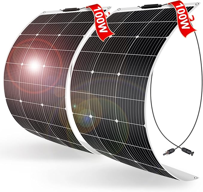 DOKIO 200W (2×100W) Flexible Solar Panels 18V Monocrystalline for 12V Battery Charging Semi-Flexible ETFE with MC4 Series/Parallel for RV Boat Camper Van Trailer Off-Grid Use