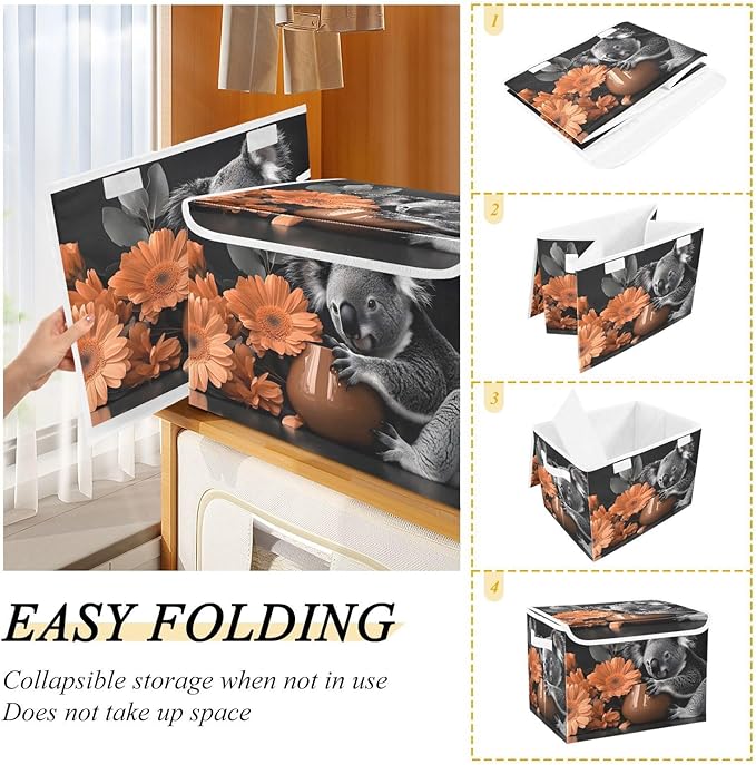 AIXIWAWA Lidded Storage Cube (Koala Floral) Fabric Foldable Closet Bins with Flip Lid and Handles Organizer Basket Container 16.5 x 12.6 x 11.8 IN