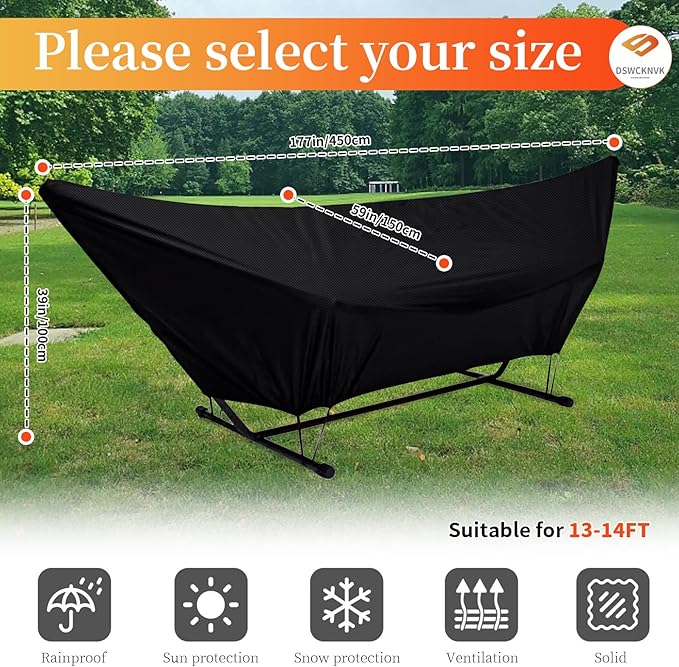 Hammock Cover Waterproof420D Heavy Duty Oxford Cover with Elastic Ropes and Fastening Tapefor 10-15FT Hammock Stand (59 * 177 * 39inBlack)