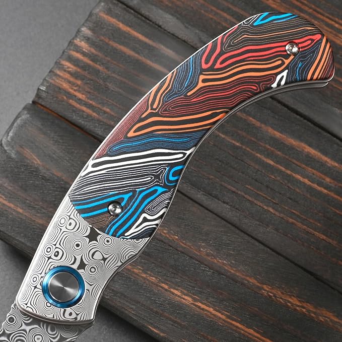 Sitivien ST270 Folding Knife Damascus Steel Blade Colorful G10 &amp Damascus Handle with Ball Bearing for Men Women Outdoor Camping Hiking Fishing(Wood)