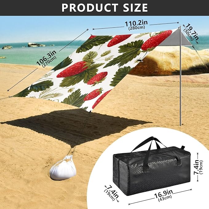 ALAZA Strawberry Leaves Pattern Beach Tent Sun Shelter Portable Canopy Sunshade for Outdoor Camping Picnics Backyard Fun 10x9 ft