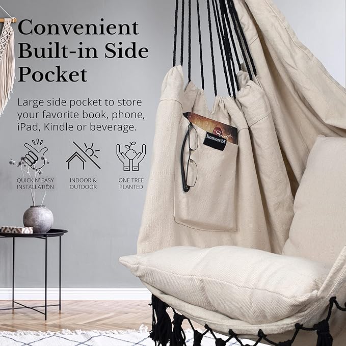 KOMOREBI Hammock Chair - Ivory Black - 60 x 47 - Hanging Rope Swing for Indoor &amp Outdoor - Soft &amp Durable Cotton Canvas - 2 Cushions Included - Large Macrame Hanging Chair for Bedroom Patio