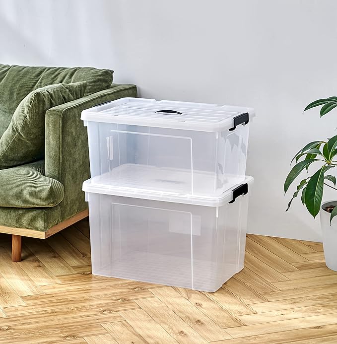 Cetomo Plastic Storage Bin Box Organizing Container with Lid and Secure Latching Buckles Clear 72Qt x 6 Pack of 6