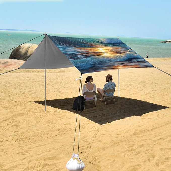 ALAZA Sunset Seawave Beach Beach Tent Sun Shelter UPF50+ Protection Beach Shade Canopy w/ 4 Sandbags for Outdoor Camping Fishing Backyard Fun Picnic 10x9 ft