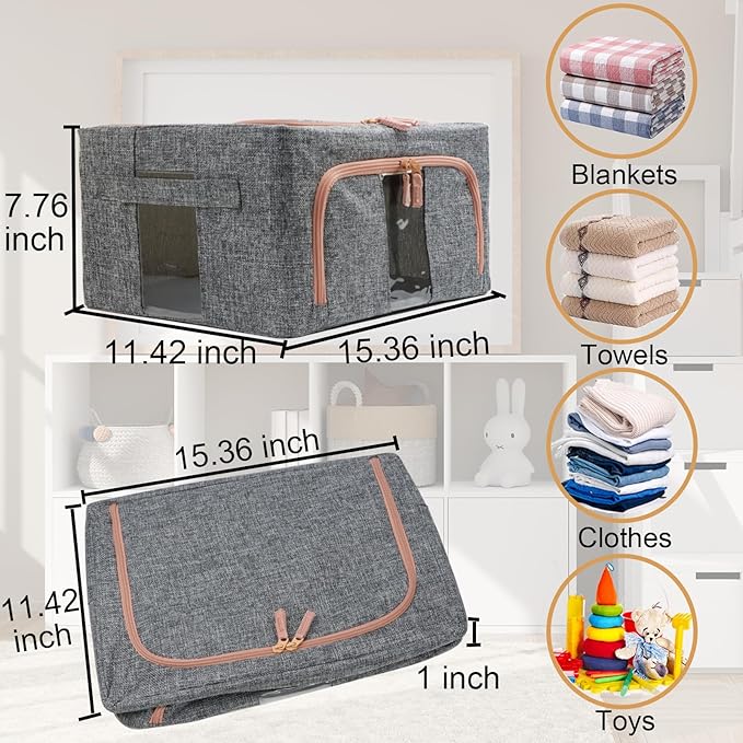Linen Clothes Storage Bins 4PCS Sturdy Closet Organizers and Storage Bin with Metal Frame 2 Opening Ways Fabric Visible Lidded Storage Box for Organizing ClothingJeansSheets (4PC Gray 22Liters)