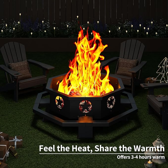 43 inch Fire Pit Outdoor Wood Burning Fire Pit Octagonal Heavy Duty Firepit for Camping Backyard Patio Black