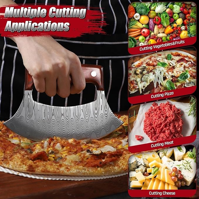 ROCOCO Pizza Cutter Ulu Knife – Full Tang Mezzaluna Rocker Chopper with Sheath for Kitchen Camping BBQ Gifts for Men Women