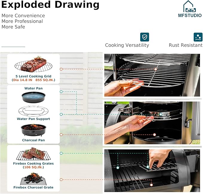 MFSTUDIO Vertical Offset Smoker Grill Extra Large Barrel Charcoal Grill with Smoker Combo for BBQ Smoking 961 SQ.IN.