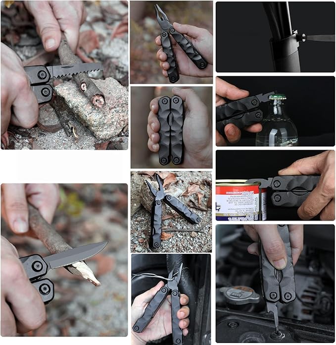 Multitool 13-in-1 Full-Size Lightweight EDC Multi-Purpose Pliers Stainless Steel and Aluminum Alloy Materials Camping Knives &amp Tools Gifts for Hunters Men who have Everything (Black)