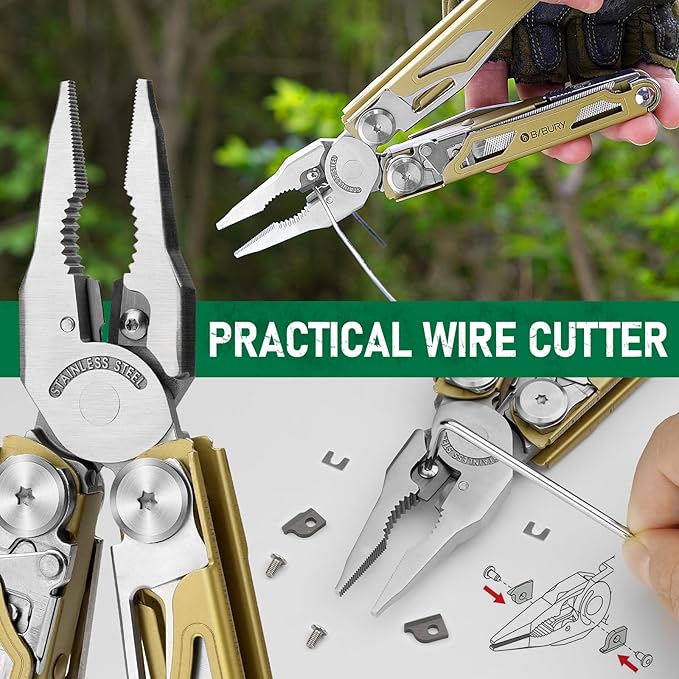 BIBURY Multitool Pliers Pro BI2045 Foldable Multitools with Replaceable Wire Cutters and Saw Stainless Steel Multi Tool w/Upgraded Scissors and Screwdriver Set Ideal for Camping Hiking Survival