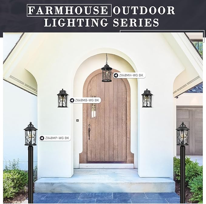 zeyu Modern Outdoor Hanging Porch Light 14.6 Inch Outdoor Pendant Lights for Porch Die-Cast Aluminum with Clear Water Ripple Glass Black Finish ZX48MH-WG BK
