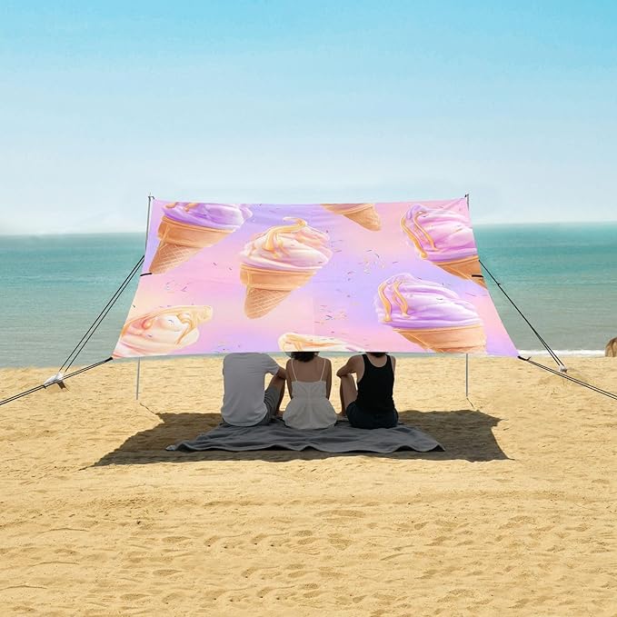 ALAZA Ice Cream Purple Background Pattern Beach Tent Sun Shelter Portable Canopy Sunshade for Outdoor Camping Picnics Backyard Fun 10x9 ft