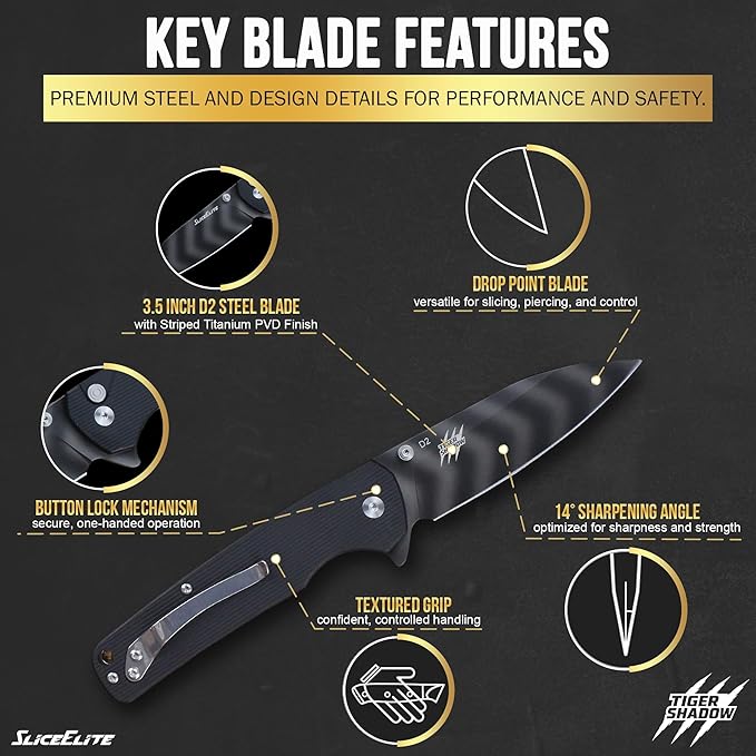 SliceElite Tiger Shadow Folding Knife D2 Steel 3.5 Inch Drop Point Blade Black G10 Handle Button Lock Striped Titanium Finish EDC Pocket Knife Outdoor Camping Survival Everyday Carry