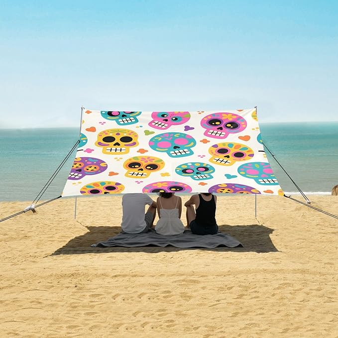 ALAZA Skull Light Yellow Background Pattern Beach Tent Sun Shelter Portable Canopy Sunshade for Outdoor Camping Picnics Backyard Fun 10x9 ft