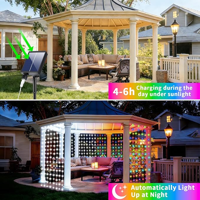 Solar Curtain Lights 10x10Ft 300LED Twinkle Fairy String Lights Multicolor Cool White Dual Color Changing Dimmable Waterproof Remote Timer Memory for Christmas Wedding Pergola Patio Outside