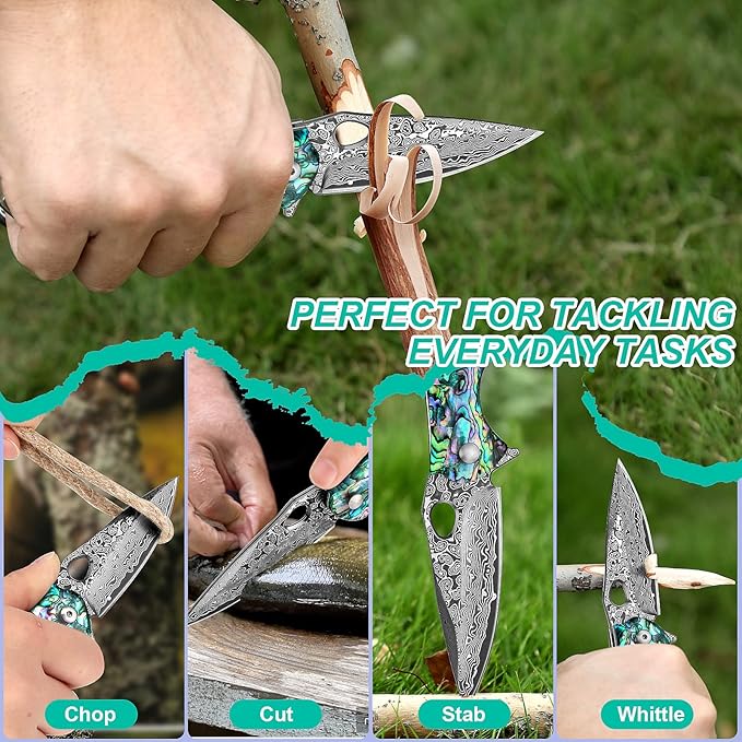 Benkey Damascus Pocket Knife Sharp VG10 Core Damascus Steel Folding Knives with True Abalone Shells Handle Leather Sheath Ball Bearing Liner Lock Lightweight Damascus Knife for EDC Men Women