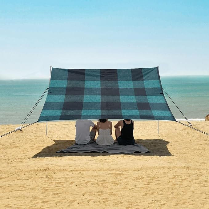 Darkcyan Buffalo Plaid Check Tartan Scotland Beach Tent UPF50+ Protection Lightweight Portable Sun Shelter with Sand Shovel for Camping Picnics Backyard