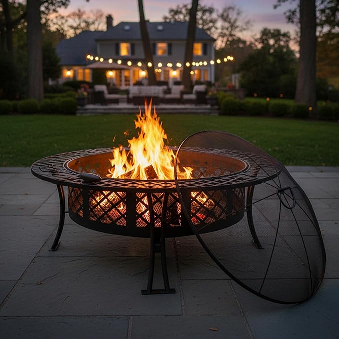 Sunnydaze 40-Inch Round Steel Fire Pit Table with Durable Spark Screen and Poker - Portable Design - Black - Diamond Weave
