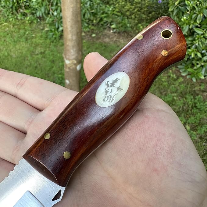 3.54 inches Bowie Knife Full-tang D2 Steel Fixed Blade Rosewood Handle Hunting Knife with Leather for Camping Hiking Survival