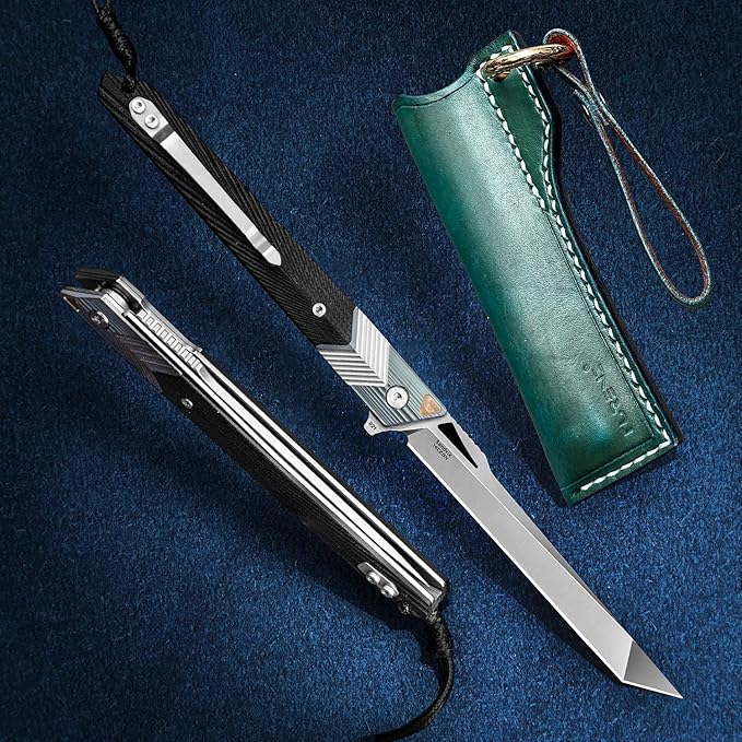 Folding Knife with Clip 14C28N Steel Tanto Blade Non-slip Titanium Alloy Handle Lightweight EDC Gentleman's Pocket Knife with Sheath for Belt