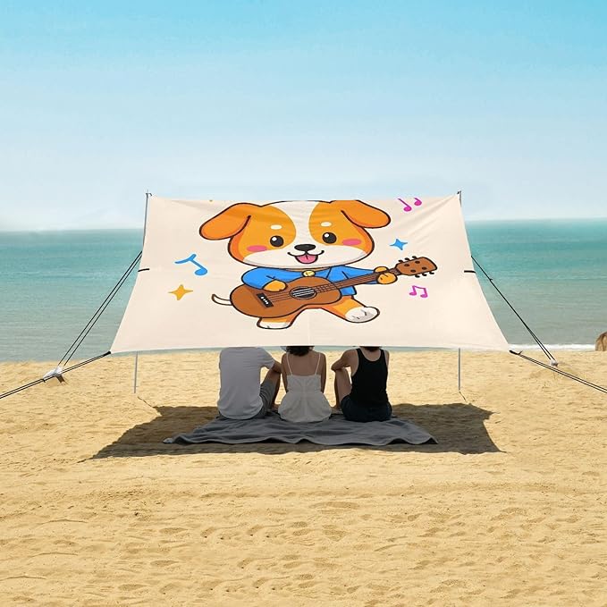 ALAZA Shiba Dog Puppy Guitar Beach Tent Sun Shelter UPF50+ Protection Beach Shade Canopy w/ 4 Sandbags for Outdoor Camping Fishing Backyard Fun Picnic 10x9 ft