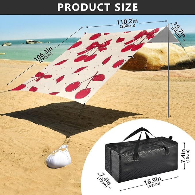ALAZA Red Bow Cherry Beach Tent Sun Shelter Portable Canopy Sunshade for Outdoor Camping Picnics Backyard Fun 10x9 ft