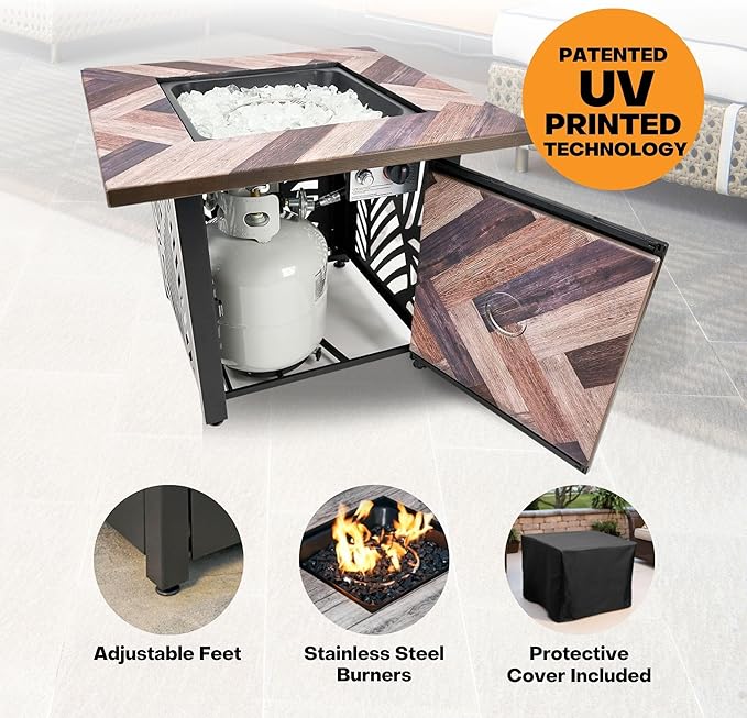 Endless Summer Darby 30 Inch Square Outdoor UV Printed 50000 BTU LP Gas Fire Pit Table with Faux Wood Mantel and Stamped Steel Base