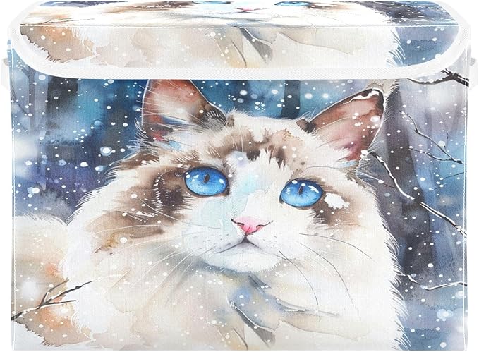senya Winter Baskets Collapsible Storage Bins with Lids Ragdoll Cat in The Snow Storage Boxes Clothes Baskets for Organizing