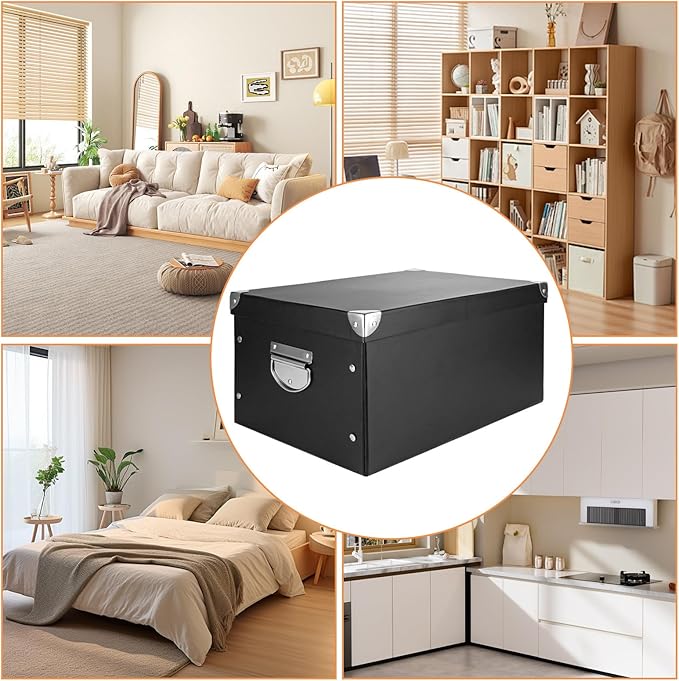 CertBuy 2 Pack Storage Box With Lid Folding Storage Box Black Decorative Cardboard Storage Boxes With Stainless Steel Carry Handle for ome Bedroom Closet Office