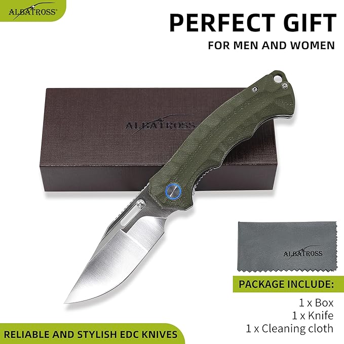ALBATROSS Outdoor Style Father's Day Gifts Green Ultra-Light Pocket Knife 2oz Satin D2 Blade G10 Handle Liner Lock Thumb Hole Gift Box for Father's Day Birthday