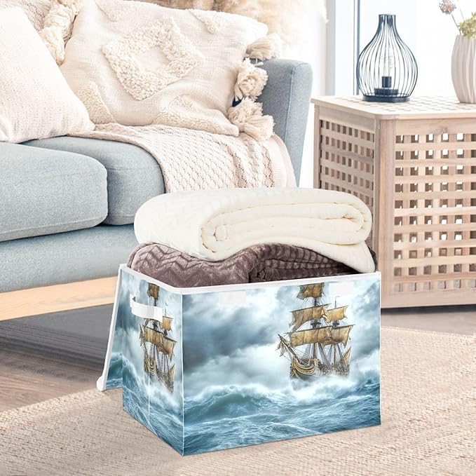 Sea Ship Storm Large Linen Storage Bins with Lid &amp Handle Foldable Storage Cubes Organizer Box Basket with Flip-Top Lid for Home Office 16.5” x 12.6” x 11.8”