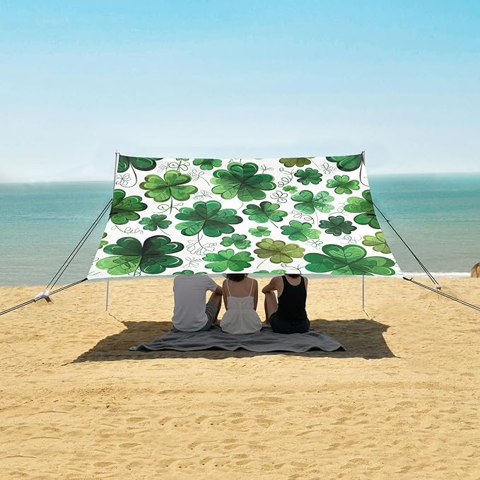 St Patrick's Day Clovers Green Beach Tent Sun Shelter Set UPF50+ UV Protection 10.5 x 9.19 FT Camping Shade Canopy with Sandbags Sand Anchors Carrying Bag and Others