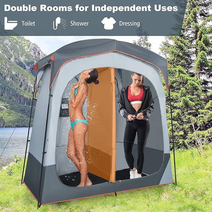 Tangkula Double Room Shower Tent Oversize Space Privacy Tent with Floor Removable Rain Fly Inside Pocket Clothesline Top Hook Portable Outdoor Changing Tent for Dressing Camping Toilet