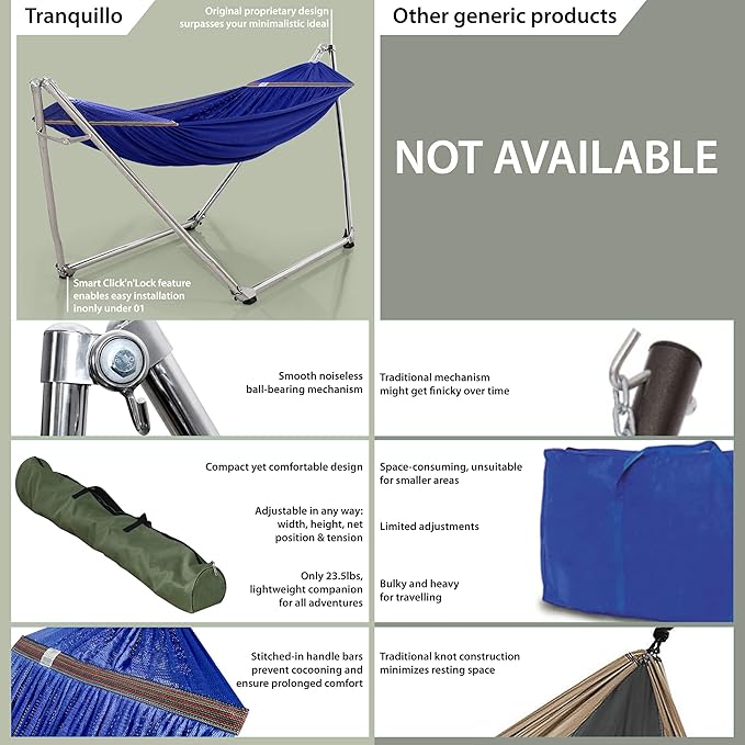 Tranquillo 650 lbs Capacity Double Hammock Stand for 2 Persons Adjustable Hammock Collapsible Camping Hammock and Stand Signature Stainless Steel Stand Breathable Polyester Hammock Net Pearl Blue