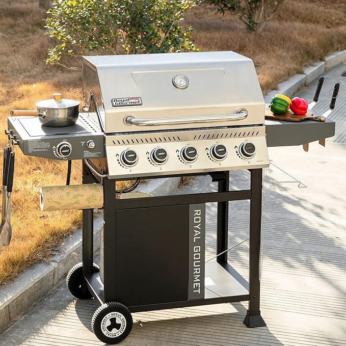 Royal Gourmet GA5406TS 5 Burner Propane Gas Grill with Side Burner and Sear Burner Cart Style Gas BBQ Grill with Porcelain-Enameled Cast Iron Grates for Backyard Cooking Silver &amp Black