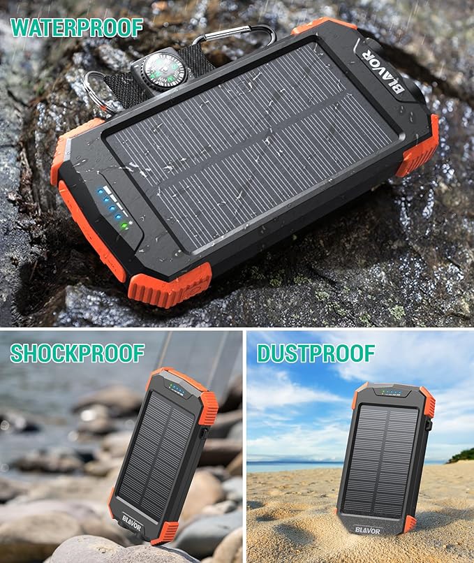 BLAVOR Solar Power Bank 10000mAh Portable Wireless Charger 20W Fast Charging External Battery Pack with USB C for Cell Phones Solar Panel Charging with Dual Flashlight for Camping