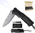 Father's Day Memorial Day &amp Birthday Gift for Him Damascus Pocket Knife Gift for Men Boyfriend Husband Father Veterans – Folding Knife with Fire Starter Whistle LED Light Serrated Blade f