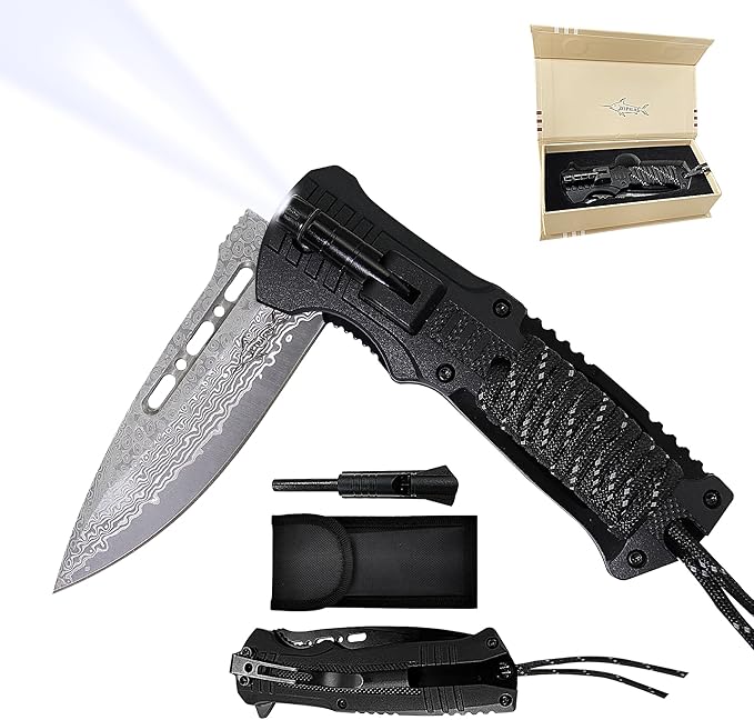 Father's Day Memorial Day &amp Birthday Gift for Him Damascus Pocket Knife Gift for Men Boyfriend Husband Father Veterans – Folding Knife with Fire Starter Whistle LED Light Serrated Blade f