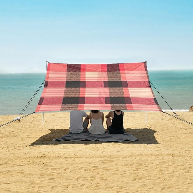Coral Buffalo Plaid Check Tartan Scotland Stable Beach Tent UPF50 Waterproof Large Portable Sun Shelter with Sandbags &amp Sand Shovel for Camping Trips Fishing Backyard Fun or Picnics