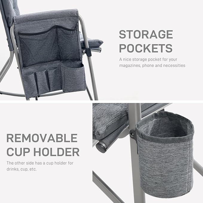 EVER ADVANCED Lightweight Folding Rocking Camping Chair Padded Portable Rocker Chair for Patio Lawn and Outdoors Heavy Duty Hard Armchair for Adults Grey