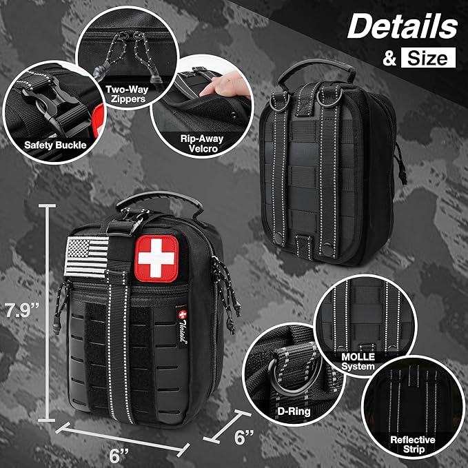 Survival First Aid Kit with Israeli Bandage Chest Seal Tourniquet Splint Tactical Military Combat Molle IFAK for Wound Care Bleeding Control Trauma Hemorrhage and More (Black)