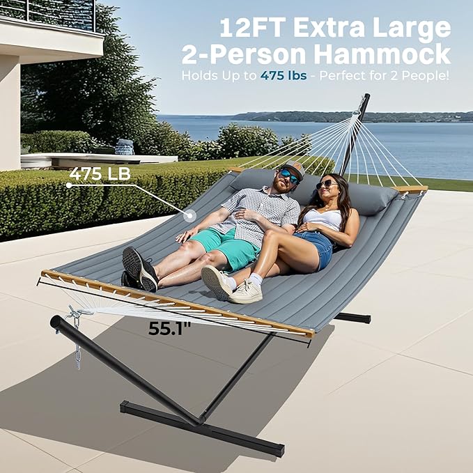 SUPERJARE Hammock with Stand 2 Person Quilted Outdoor Hammock Detachable Pillow &amp Bamboo Spreaders Portable Hammock with Carrying Bag Heavy Duty Stand Perfect for Outside Patio Neutral Gray