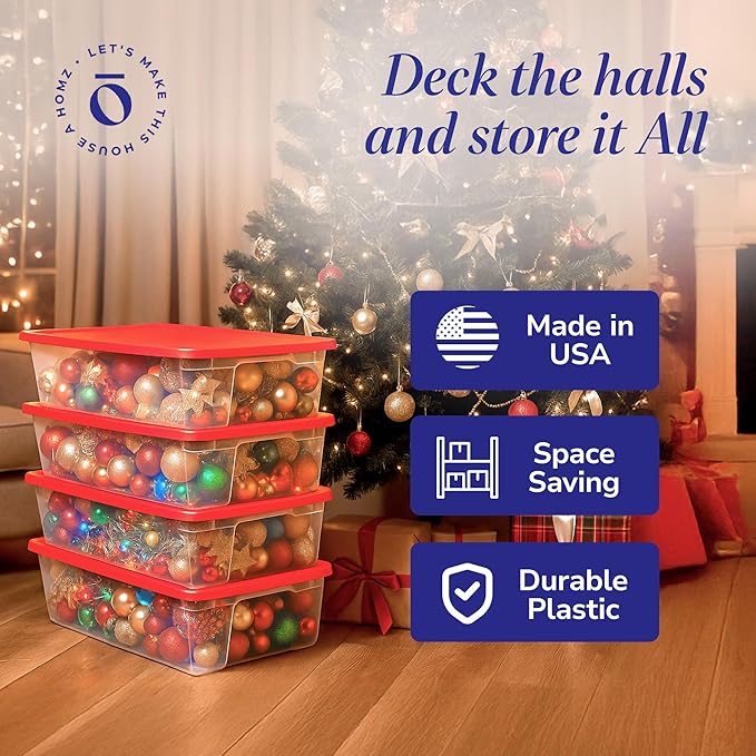 HOMZ 4-Pack Holiday Tote Clear Plastic Storage Organizer Bins with Lids 41 Quart Red - Stackable Organizing Containers for Home Garage and Office